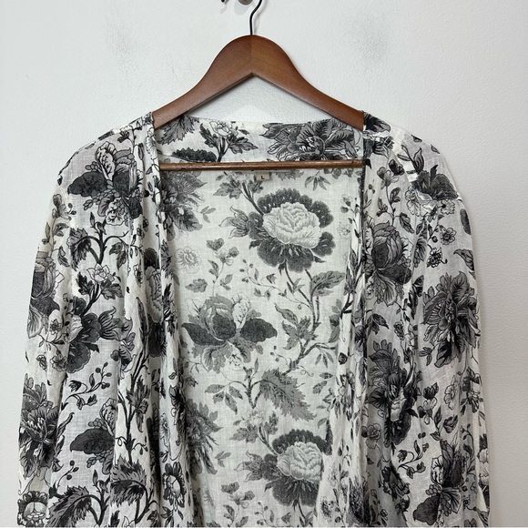 Flax Black and White Floral Linen Tie Front Asymmetric Cardigan Top Large - Picture 6 of 14